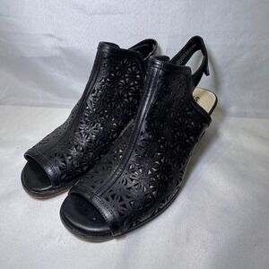 Earth Murano Mist Black Leather Laser Cut Peep Toe Slingback Block Heel Sandals